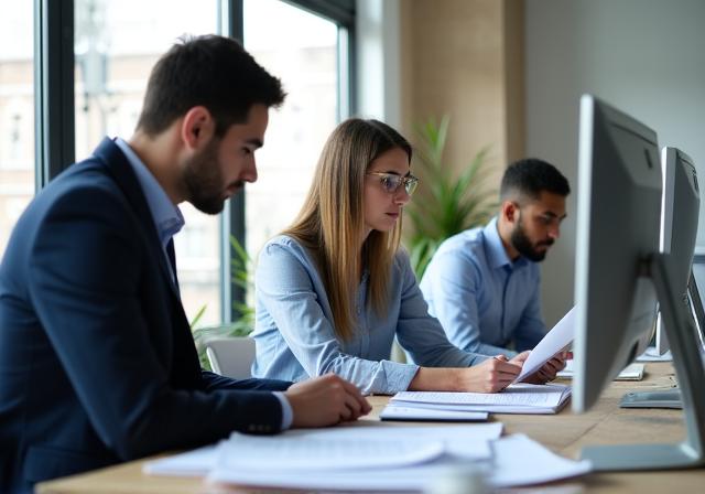 Team di redazione in un ufficio luminoso e ordinato che analizza documenti istituzionali
